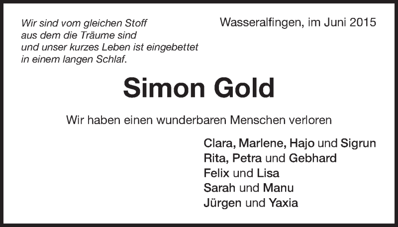  Traueranzeige für Simon Gold vom 30.06.2015 aus Schwäbische Post