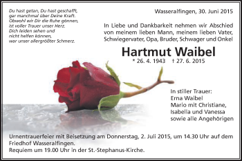 Traueranzeige von Hartmut Waibel von Schwäbische Post