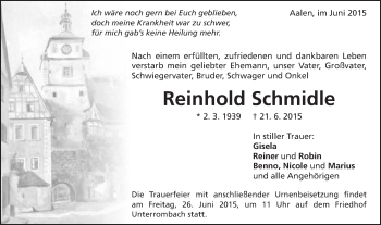 Traueranzeige von Reinhold Schmidle von Schwäbische Post