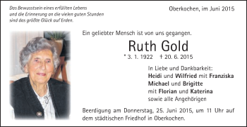 Traueranzeige von Ruth Gold von Schwäbische Post