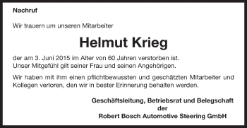 Traueranzeige von Helmut Krieg von Gmünder Tagespost