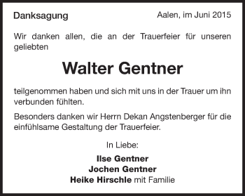 Traueranzeige von Walter Gentner von Schwäbische Post