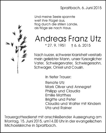 Traueranzeige von Andreas Franz Utz von Gmünder Tagespost