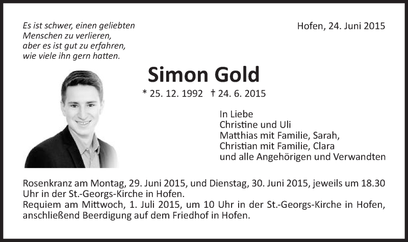  Traueranzeige für Simon Gold vom 27.06.2015 aus Schwäbische Post