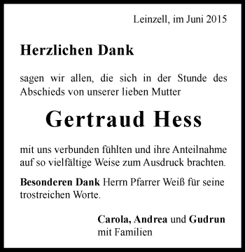 Traueranzeige von Gertraud Hess von Gmünder Tagespost