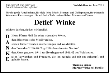 Traueranzeige von Detlef Winke von Gmünder Tagespost