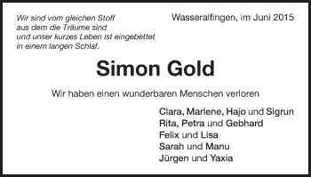 Traueranzeige von Simon Gold von Schwäbische Post