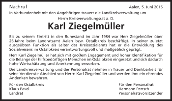Traueranzeige von Karl Ziegelmüller von Schwäbische Post
