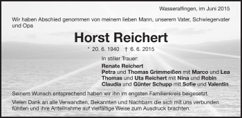 Traueranzeige von Horst Reichert von Schwäbische Post
