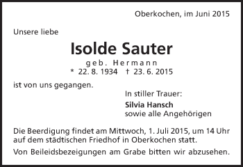 Traueranzeige von Isolde Sauter von Schwäbische Post