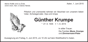Traueranzeige von Günther Krumpe von Schwäbische Post