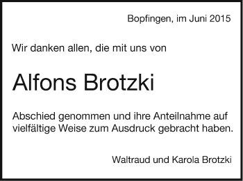 Traueranzeige von Alfons Brotzki von Schwäbische Post