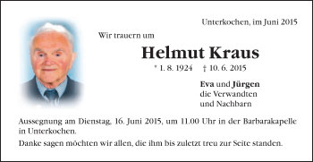 Traueranzeige von Hellmut Kraus von Schwäbische Post