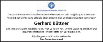 Traueranzeige von Gerhard Büttner von Gmünder Tagespost