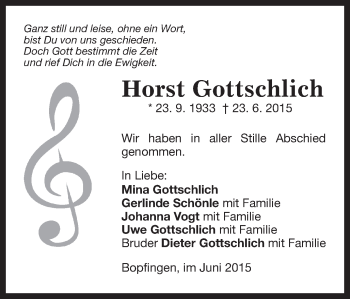 Traueranzeige von Horst Gottschlich von Schwäbische Post