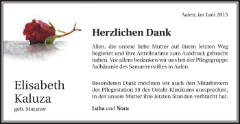 Traueranzeige von Elisabeth Kaluza von Schwäbische Post