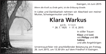 Traueranzeige von Klara Warkus von Schwäbische Post
