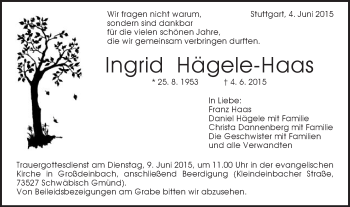 Traueranzeige von Ingrid Hägele-Haas von Gmünder Tagespost