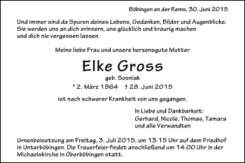 Traueranzeige von Elke Gross von Gmünder Tagespost