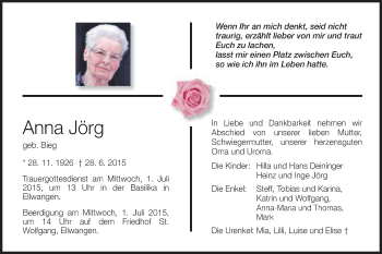 Traueranzeige von Anna Jörg von Schwäbische Post