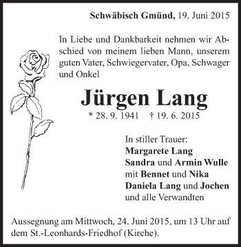 Traueranzeige von Jürgen Lang von Gmünder Tagespost