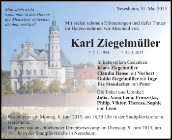 Traueranzeige von Karl Ziegelmüller von Schwäbische Post