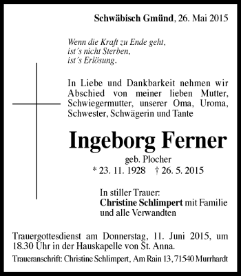 Traueranzeige von Ingeborg Ferner von Gmünder Tagespost