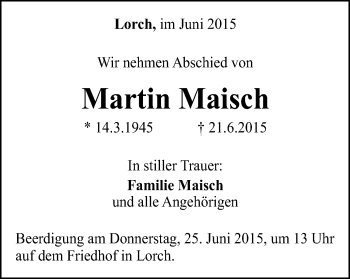 Traueranzeige von Martin Maisch von Gmünder Tagespost