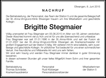 Traueranzeige von Brigitte Stegmaier von Schwäbische Post