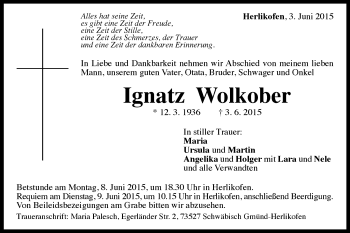 Traueranzeige von Ignatz Wolkober von Gmünder Tagespost