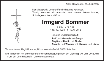 Traueranzeige von Irmgard Bommer von Schwäbische Post