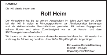 Traueranzeige von Rolf Heim von Schwäbische Post