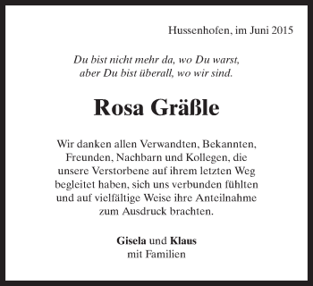 Traueranzeige von Rosa Gräßle von Gmünder Tagespost