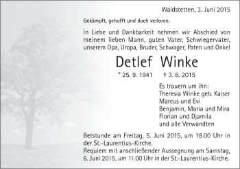 Traueranzeige von Detlef Winke von Gmünder Tagespost