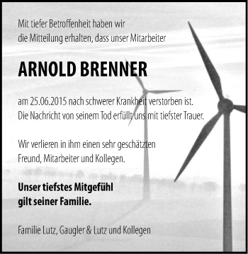 Traueranzeige von Arnold Brenner von Schwäbische Post
