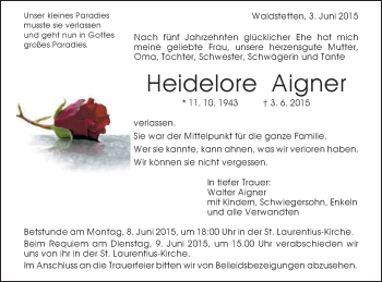 Traueranzeige von Heidelore Aigner von Gmünder Tagespost