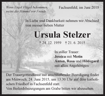 Traueranzeige von Ursula Stelzer von Schwäbische Post