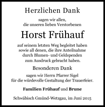 Traueranzeige von Horst Frühauf von Gmünder Tagespost