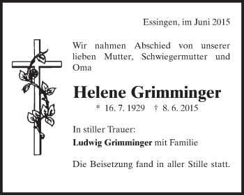 Traueranzeige von Helene Grimminger von Schwäbische Post