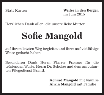 Traueranzeige von Sofie Mangold von Gmünder Tagespost