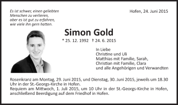 Traueranzeige von Simon Gold von Schwäbische Post