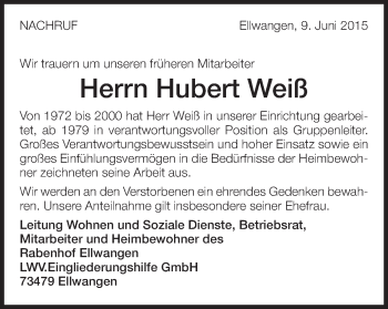 Traueranzeige von Hubert Weiß von Schwäbische Post