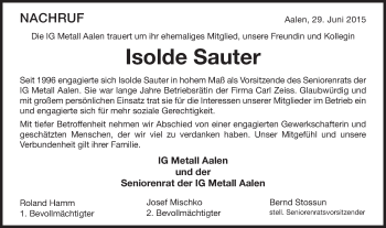 Traueranzeige von Isolde Sauter von Schwäbische Post