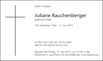 Traueranzeige von Juliane Rauchenberger von Schwäbische Post