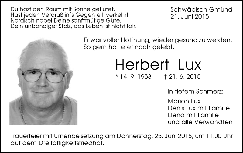  Traueranzeige für Herbert Lux vom 23.06.2015 aus Gmünder Tagespost