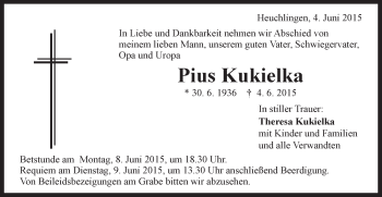Traueranzeige von Pius Kukielka von Gmünder Tagespost
