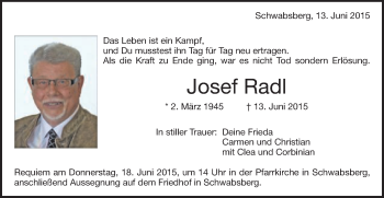 Traueranzeige von Josef Rad von Schwäbische Post