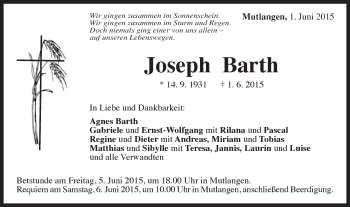 Traueranzeige von Joseph Barth von Gmünder Tagespost