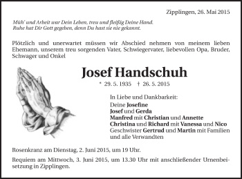 Traueranzeige von Josef Handschuh von Schwäbische Post