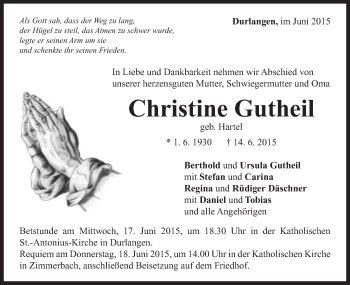 Traueranzeige von Christine Gutheil von Gmünder Tagespost